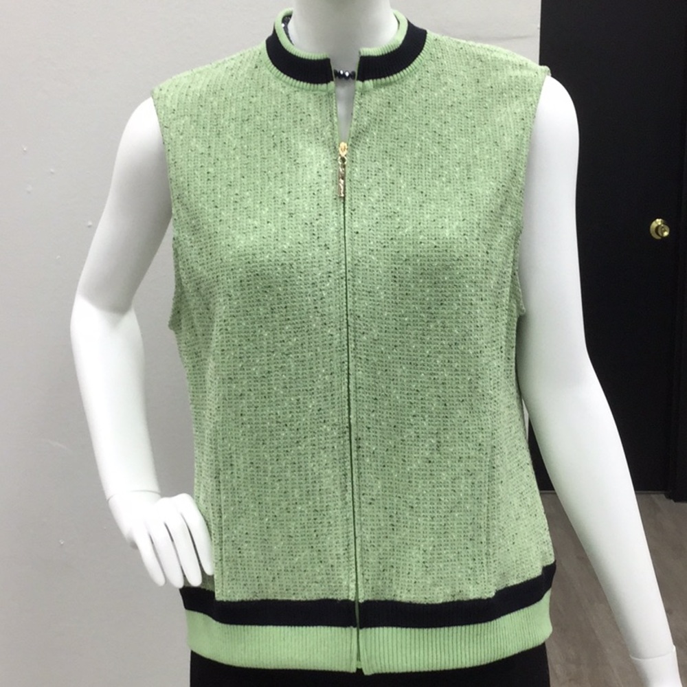 St. John Light Green Knit Zip-Front Sleeveless Vest with Black Trim
